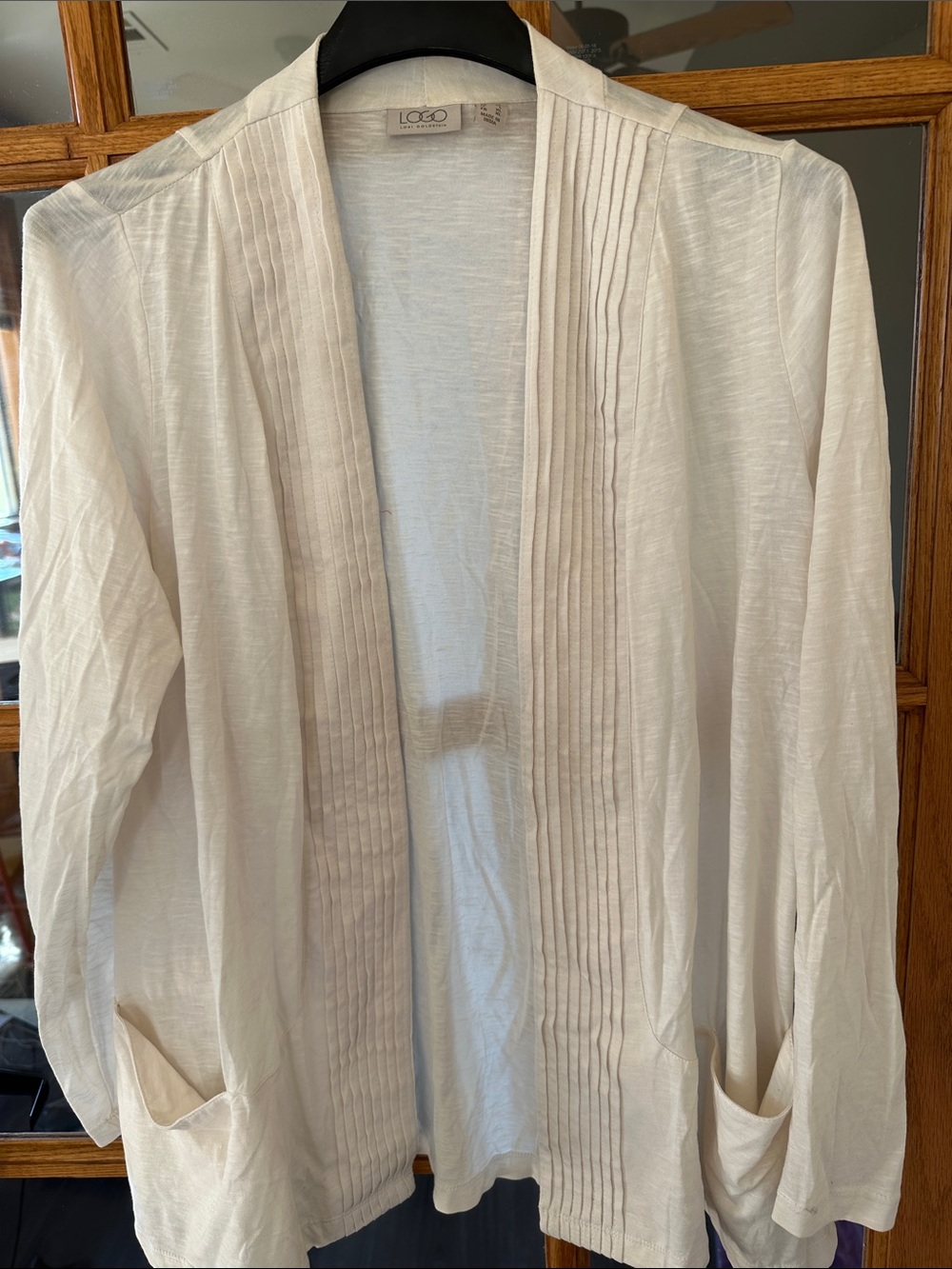 LOGO by Lori Goldstein Lightweight Cream Open-Front Blazer with Pintucks Cotton